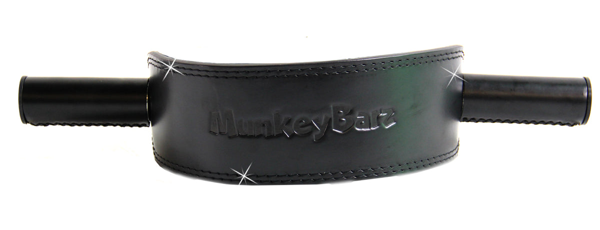 Front of the black MunkeyBarz belt with the tone-on-tone debossed wordmark