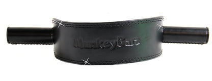 Front of the black MunkeyBarz belt with the tone-on-tone debossed wordmark