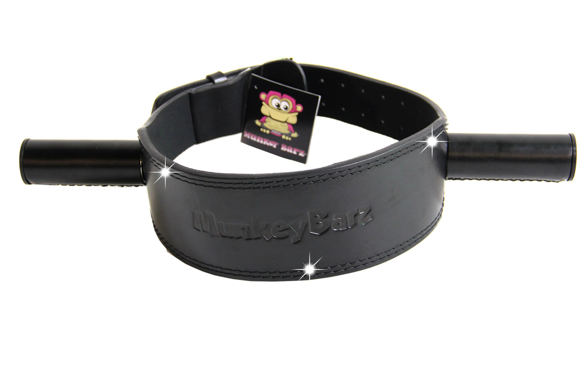 Black MunkeyBarz leather belt with two black grip bars, seen from above on a white background
