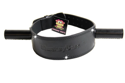 Black MunkeyBarz leather belt with two black grip bars, seen from above on a white background